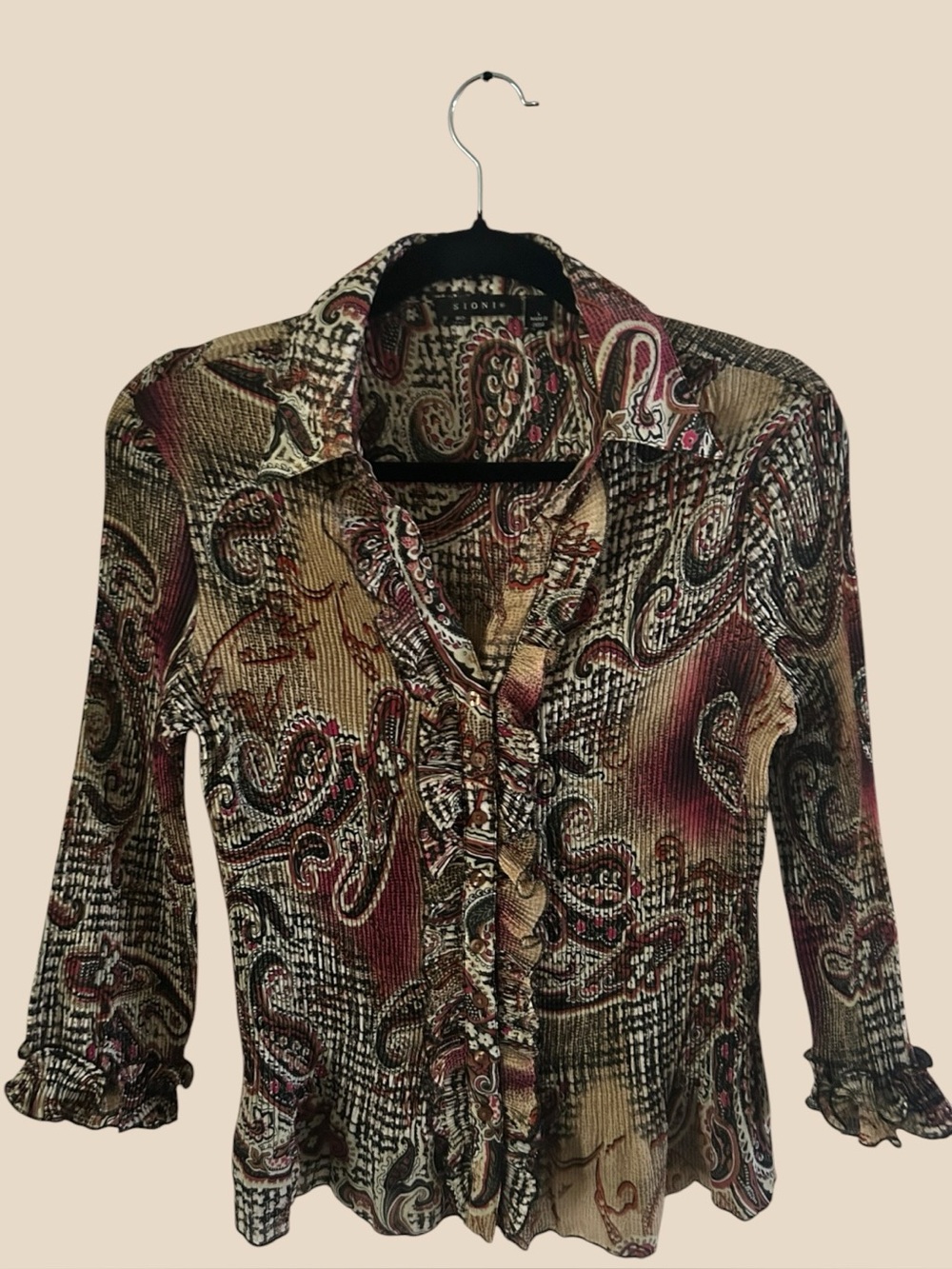 Sioni Paisley Ruffle Button-Down Top - Burgundy, Beige, Black - Picture 9 of 9